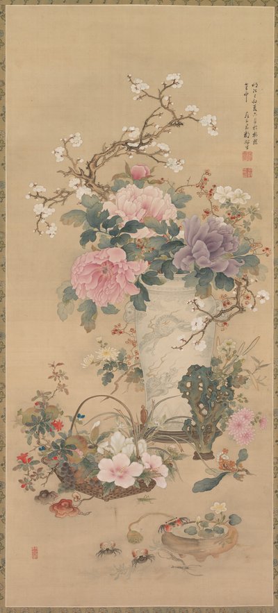Vase of Flowers with Grasshopper, Marine Life, and Garden Rock, hanging scroll by Ko Okabe