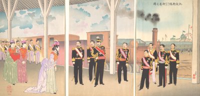 Illustration of the Arrival of the Emperor at Shinbashi Station Following a Victory Gaise..., 1895 by Kobayashi Kiyochika