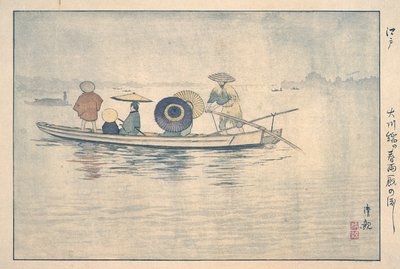 Spring Rain by the Ōkawa River Bridge: The Ferry near the Stables by Kobayashi Kiyochika
