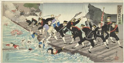 Fierce Battles on the Floating Bridge in Kiuliencheng during the Sino-Japanese War by Kobayashi Toshimitsu