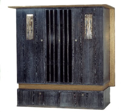 Furniture: Wardrobe with Music in Black Varnished Oak, Gold Wood, Silver Metal and Glass Made by Koloman Moser by Koloman Moser