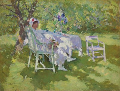 A Lady in White Seated in a Garden by Konstantin Alekseevich Korovin