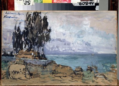 Stage design for the ballet Swan Lake by P. Tchaikovsky. Landscape, the shore of a lake with a cluster of trees. by Konstantin Alekseevich Korovin