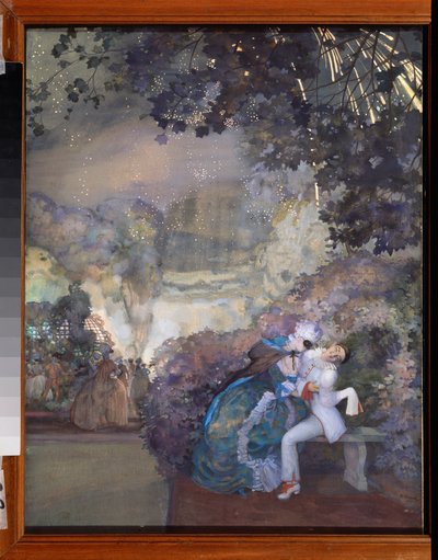 Pierrot and a Woman. (Flirtation at a masked ball). Work by Konstantin Andreyevich Somov, gouache on paper by Konstantin Andreevic Somov