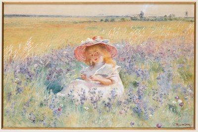 A Young Girl in a Field of Salvia, Oxeye Daisies and Meadow Foxtail by Konstantin Egorovich Makovsky