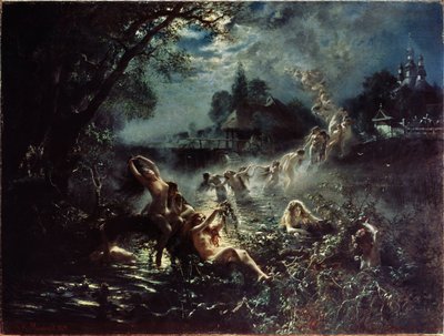 Mermaids. At Night, Naked Women Weave Crowns in a River, Then Form a Chain and Rise into the Sky Before Merging with the Clouds. Painting by Konstantin Yegorovich Makovsky by Konstantin Egorovich Makovsky