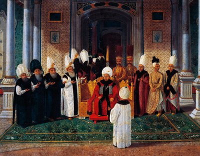 Selim III receiving dignitaries under canopy of Gate of Felicity in Topkapi, (detail) by Konstantin Kapidagli