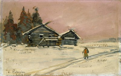 Winter Landscape with two wooden Huts by Konstantin Korovin