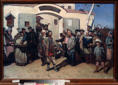 Return to Freedom (Liberation of Prisoners from a Penitentiary, Their Eyes Fixed on the Sky and an Emotional Crowd Awaits Them) (Russian Art) by Konstantin Petrovich Pyneev