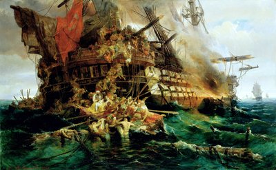 A Turkish Warship on Fire by Konstantinos or Constantin Bolanachi
