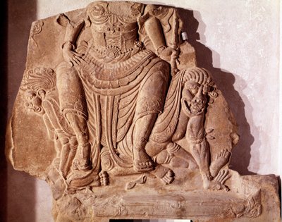 Clay brick stamped depicting a lord or deity dominating the malignant forces (Silla period) by Korean School
