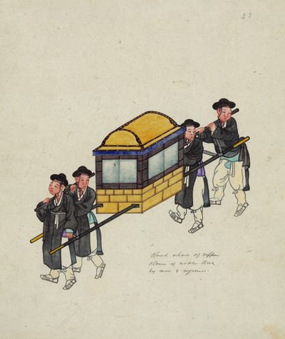 Four porters carrying an official in a gama or palanquin, circa 1890 by Korean School