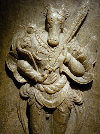 Grave ornament, zodiac horse on agalmatolite, 8th century under the period of the Northern and Southern Kingdoms, Korea. Photography, Seoul National Museum, Republic of Korea by Korean School