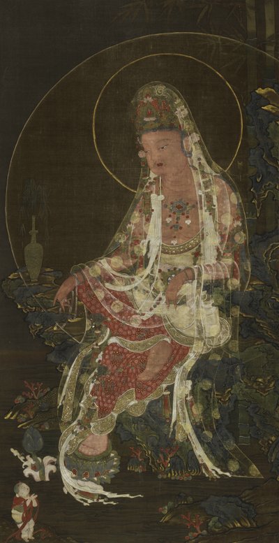 Hanging Scroll depicting a willow-branch Bodhisattva Avalokiteshvara (Kwanseum Posal) seated in a Paradise Garden, Koryo dynasty by Korean School