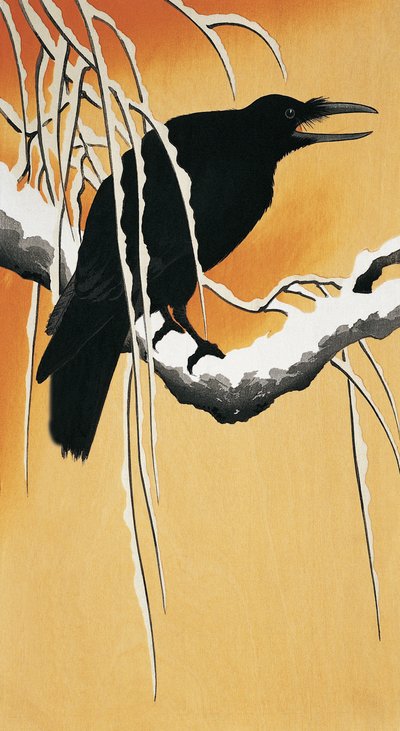 Raven perching on a branch (Corvus corax) by Ohara Koson