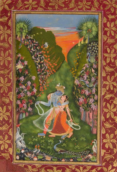 Radha and Krishna Walk in a Flowering Grove (recto), Krishna Fluting (verso) by Kota Master