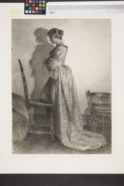 Marie Grubbe, shortly after the divorce from Ulrik Frederik Gyldenløve. Full figure standing in profile to the left by Kristian Zahrtmann