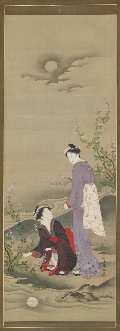 Autumn: Two women gazing at the reflection of the moon by Kubo Shunman