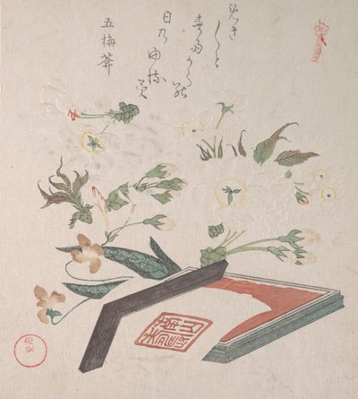 Cherry Blossoms and Seal-box with Ink and Ruler by Kubo Shunman