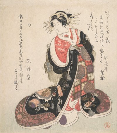 Courtesan Dressed in an Elaborate Gown Embroidered with Emblems of Good Luck by Kubo Shunman