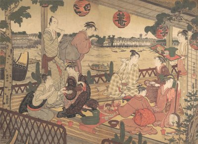 Two Young Men and Several Women Dining at a Tea-house on the Bank of the Sumida River by Kubo Shunman