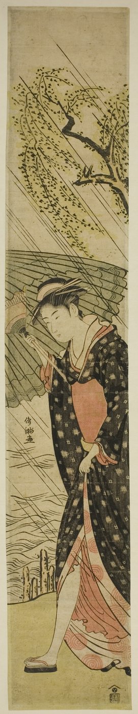 Young Woman Walking on a River Bank in Rain by Kubo Shunman
