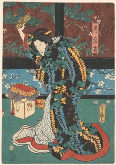 Scene from the Play The Mirror Mountain, Lady Iwafuji with Sandal in Her Hand by Kunisada (I) , Utagawa