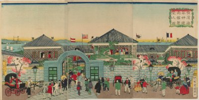 Picture of the Prosperity of Mercantile Establishments along Nakadouri on the Yokohama, Meiji era, 1870 by Kuniteru II Utagawa