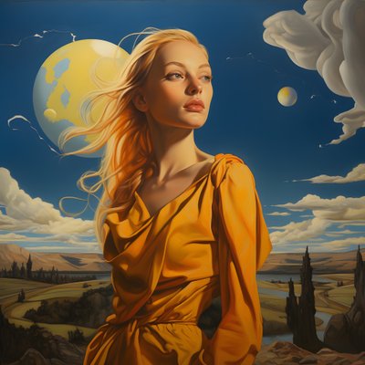 35-Year-Old Sami Woman with Crescent Moon, Mysterious Smile, Face and Body Slightly Turned Away, Long Blonde Hair 1 by Kurt Heppke