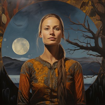 35-Year-Old Sami Woman with Crescent Moon, Mysterious Smile, Face and Body Slightly Turned Away, Long Blonde Hair 3 by Kurt Heppke