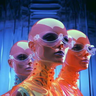 6 Women with 3D Parametric Fluorescent Plastic Masks in a Surreal and Parametric Future Architecture, 1 by Kurt Heppke