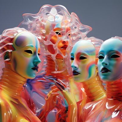 6 Women with 3D Parametric Fluorescent Plastic Masks in a Surreal and Parametric Future Architecture, 2 by Kurt Heppke