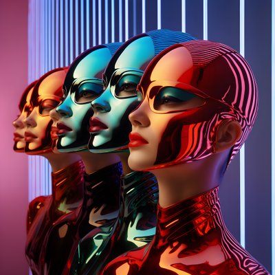 6 Women with 3D Parametric Fluorescent Plastic Masks in a Surreal and Parametric Future Architecture, 3 by Kurt Heppke