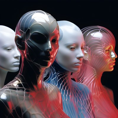 6 Women with 3D Parametric Fluorescent Plastic Masks in a Surreal and Parametric Future Architecture, 4 by Kurt Heppke