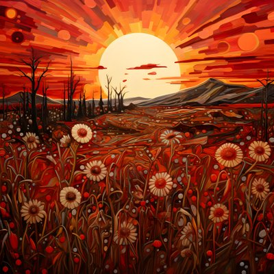 Abstract Landscape Art Featuring a Field of Wildflowers and a Bold Red Sun by Kurt Heppke