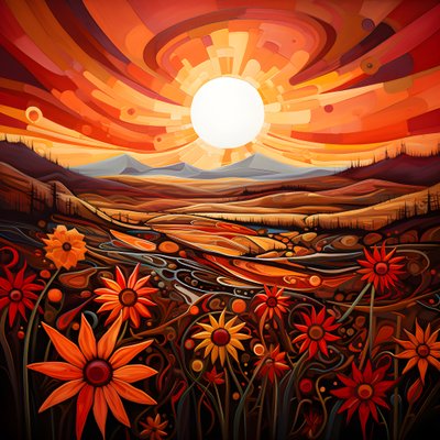 Abstract Landscape Art Featuring a Field of Wildflowers and a Bold Red Sun by Kurt Heppke