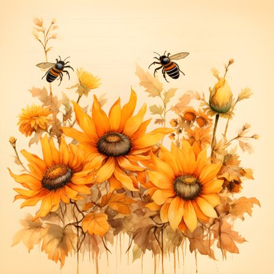 Watercolor Sunflowers and Bees Silhouettes Filled with Handwritten Autumn Poems 2 by Kurt Heppke