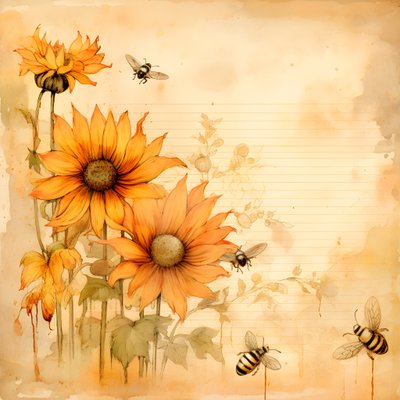 Watercolor Sunflowers and Bees Silhouettes Filled with Handwritten Autumn Poems 4 by Kurt Heppke
