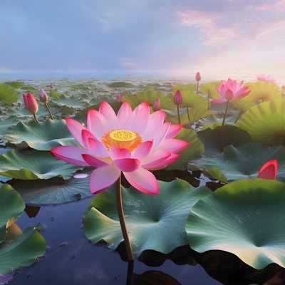 On the Clear Water Surface Bloom Large and Beautiful Lotus Flowers, Green Lotus Leaves and Dew on the Lotus Flowers. The Sunset Shines on the Water Surface 1 by Kurt Heppke