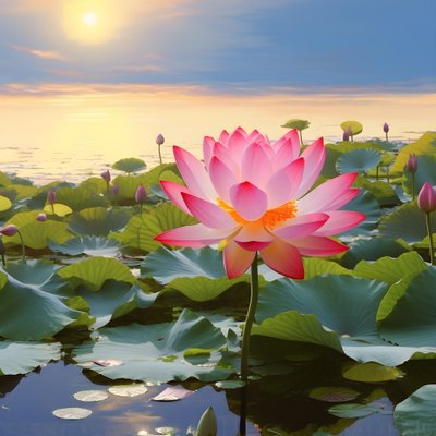 On the Clear Water Surface Bloom Large and Beautiful Lotus Flowers, Green Lotus Leaves and Dew on the Lotus Flowers. The Sunset Shines on the Water Surface 2 by Kurt Heppke
