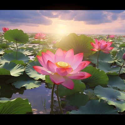 On the Clear Water Surface Bloom Large and Beautiful Lotus Flowers, Green Lotus Leaves and Dew on the Lotus Flowers. The Sunset Shines on the Water Surface 3 by Kurt Heppke