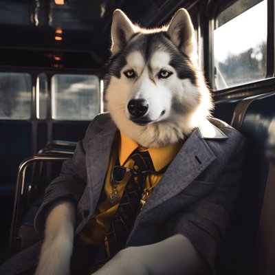A Siberian Husky Dog in a Suit and Sunglasses at the Bus Station, Like a Gentleman 4 by Kurt Heppke
