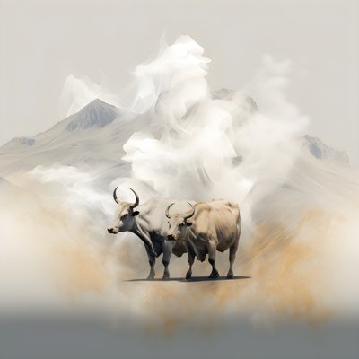A Fractal Abstract Canvas, Beige-White Smoke Texture. 3 Black Bulls Emerging from the Smoke, with Mount Ararat on the Horizon. Poses Reminiscent of Bulls on Wall Street in New York. 3 by Kurt Heppke