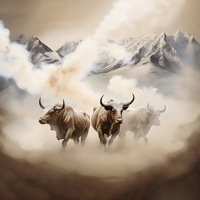 A Fractal Abstract Canvas, Beige-White Smoke Texture. 3 Black Bulls Emerging from the Smoke, with Mount Ararat on the Horizon. Poses Reminiscent of Bulls on Wall Street in New York. 4 by Kurt Heppke