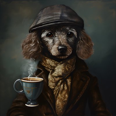 A Cultivated Poodle Drinks a Cup of Tea, Wears a Turtleneck and a Flat Cap, Smoky Background 1 by Kurt Heppke