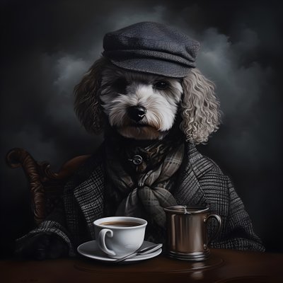 A Cultivated Poodle Drinks a Cup of Tea, Wears a Turtleneck and a Flat Cap, Smoky Background 2 by Kurt Heppke
