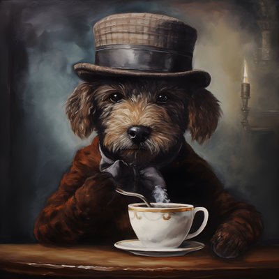 A Cultivated Poodle Drinks a Cup of Tea, Wears a Turtleneck and a Flat Cap, Smoky Background 4 by Kurt Heppke