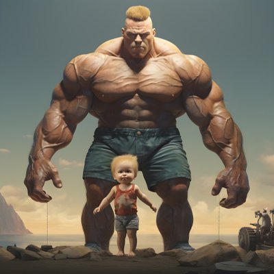 Intimidating and Mean Weightlifter Steroid Freak Buff Baby with Huge Muscular Man 1 by Kurt Heppke