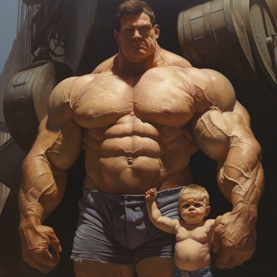 Intimidating and Mean Weightlifter Steroid Freak Buff Baby with Huge Muscular Man 2 by Kurt Heppke
