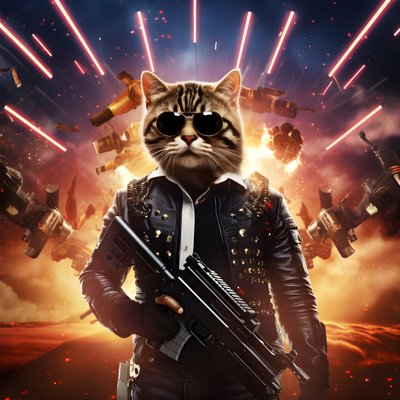 Movie Poster of a Cat Wearing a Black and White Polka Dot Shirt and Shiny Sunglasses, with Explosions and Cannons in the Background 2 by Kurt Heppke